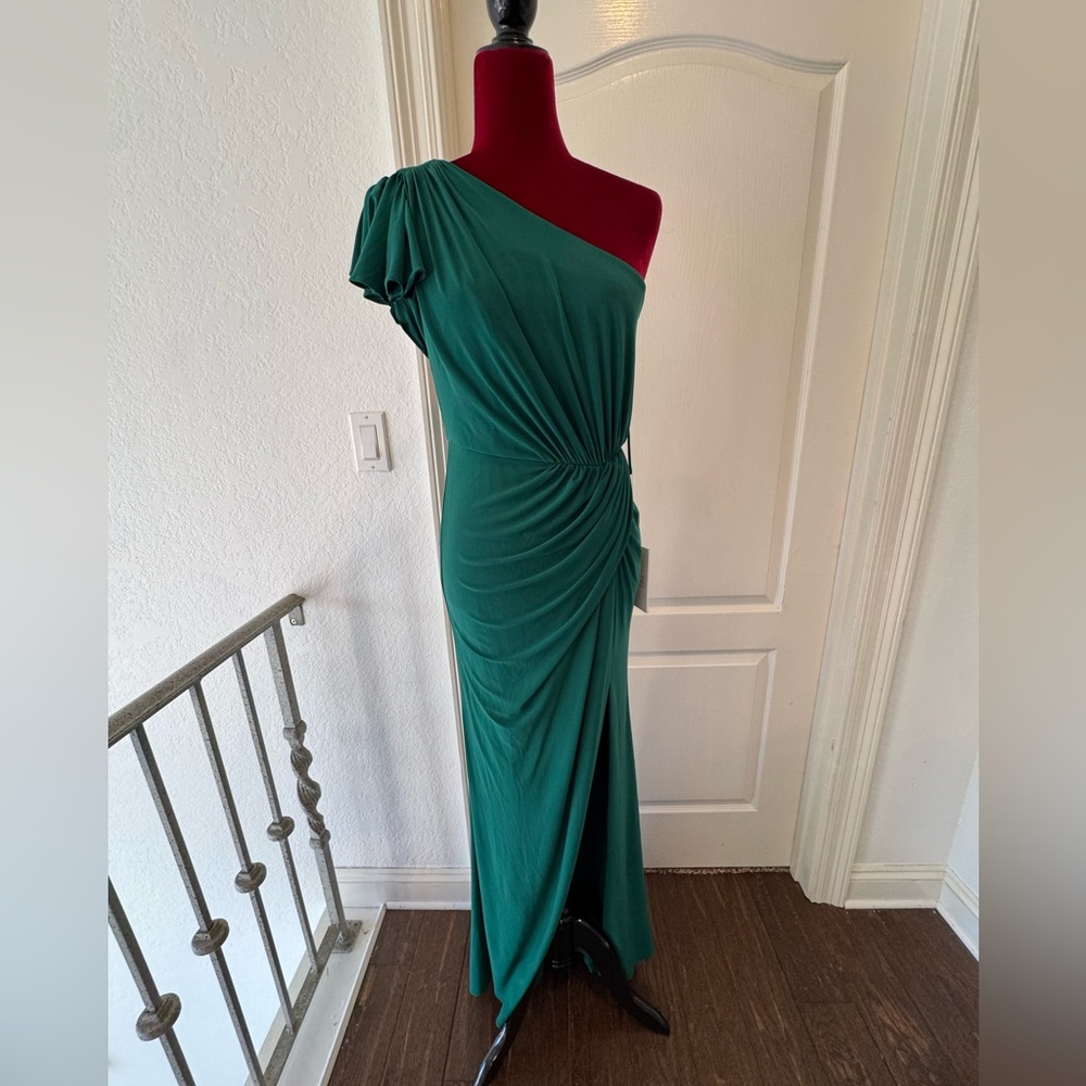🦄 NWT Mac Duggal Sz 2 Emerald Ruched Long Slit One Shoulder Dress 67858 - Picture 1 of 9